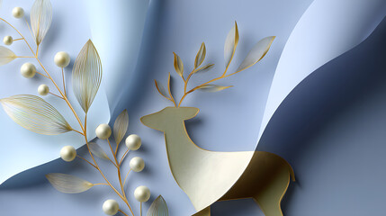 Abstract blue background with a gold deer silhouette, delicate branches, leaves, and white berries in a paper-collage style.