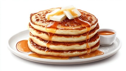 Delicious stack of pancakes with butter and maple syrup on a white plate
