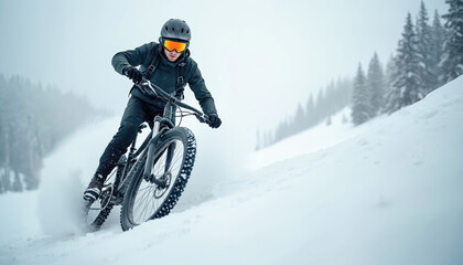 Man rides mountain bike through deep snow, wearing helmet and goggles for safety. Cyclist is active in winter sport, kicking up powder while descending a snowy slope.