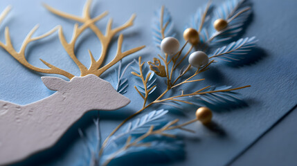 Blue holiday card featuring a white reindeer silhouette with gold accents and layered pine branches, berries, and needles on a textured blue background.
