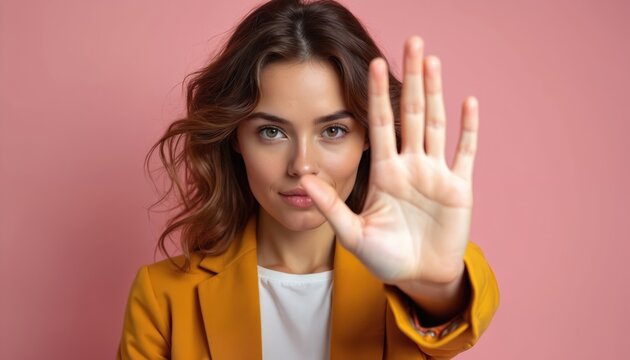 Young woman displays firm hand gesture no against violence, harassment. Presents powerful message of resistance on soft pink backdrop. Illustration promotes safety equality, human rights awareness.