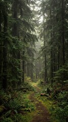 Obraz premium Peaceful Forest Path Through Lush Greenery in Misty Woodland