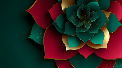 Close-up of a layered, multicolored paper flower with red, green, teal and gold petals on a dark background.
