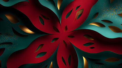 Abstract floral pattern with red petals on teal background and gold accents.