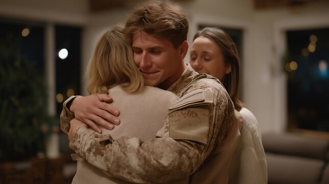 A soldier returning home quietly and surprising family members in the living room, everyone frozen in emotional disbelief before rushing into a hug — reunion shock, heartfelt military homecoming, - Powered by Adobe