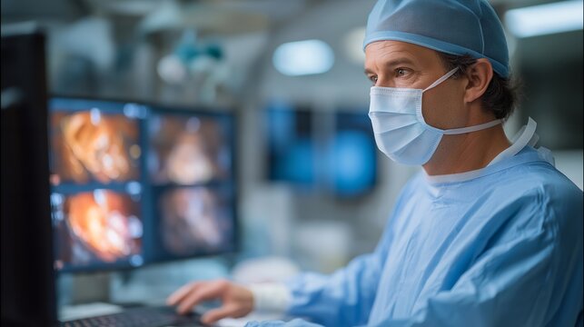 A veterinary surgeon conducting laparoscopic surgery, miniature cameras displaying internal organs on a high-definition screen &mdash; minimally invasive veterinary techniques, cutting-edge pet surgery,