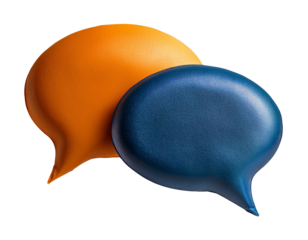 Two speech bubbles one orange and one blue are overlapping each other in a communication or conversation graphic object on white and png