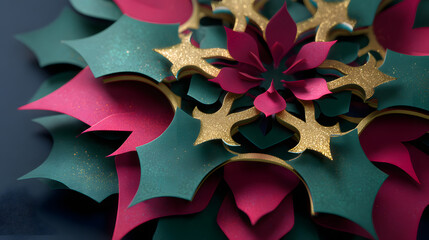 Colorful layered paper cutouts form a festive holly and star arrangement with pink, green, and gold accents.