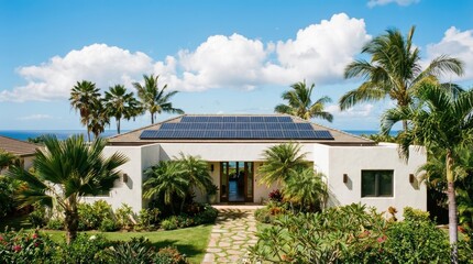 Fototapeta premium A modern house featuring solar panels, surrounded by lush tropical plants, with a clear blue sky and ocean in the background.