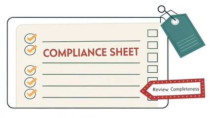 Detailed compliance sheet with checkboxes and tags for quality assurance and review process in organizational documentation.