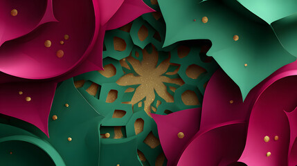 Abstract festive design with vibrant fuchsia and teal layers, gold glitter, and an intricate patterned background.