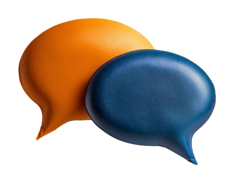 Two speech bubbles one orange and one blue are overlapping each other in a communication or conversation graphic object on white and png