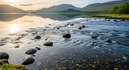 Serene Mountain Lake with Rocky Stream at Sunset.