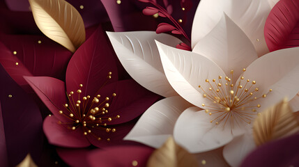 Decorative floral scene featuring white and burgundy blossoms with gold stamens against a dark, elegant backdrop.