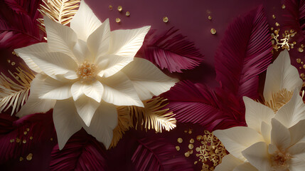 Elegant white floral arrangement with gold-accented leaves against a deep burgundy backdrop.