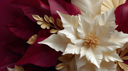 Close-up of a white and cream decorative paper flower against a burgundy background with gold leaves.