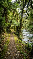 Obraz premium Serene Path Through Lush Green Forest by Tranquil Stream