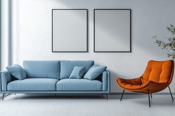 Blue sofa and terra cotta lounge chair against wall with two art posters Minimalist home interior design of modern living room, Generative AI