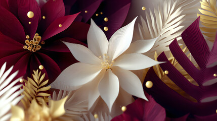 Elegant arrangement of burgundy, white, and gold paper flowers with delicate petals and metallic accents.