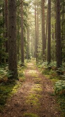 Obraz premium Serene Pathway Through Lush Green Forest in Soft Morning Light