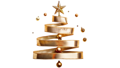 Golden christmas tree shape formed by a ribbon with a star on top and small balls around it in a festive design on white and transparent