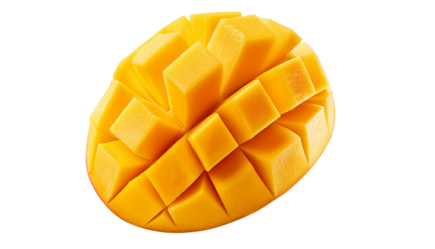 A diced mango half with a vibrant yellow color and a grid-like pattern of cut sections is displayed prominently no background