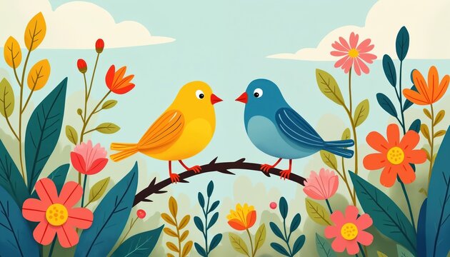 Two birds sit among colorful flowers, leaves in serene landscape. Illustration conveys joy harmony, peacefulness with whimsical style. Perfect for greeting cards website backgrounds childrens books. - Powered by Adobe