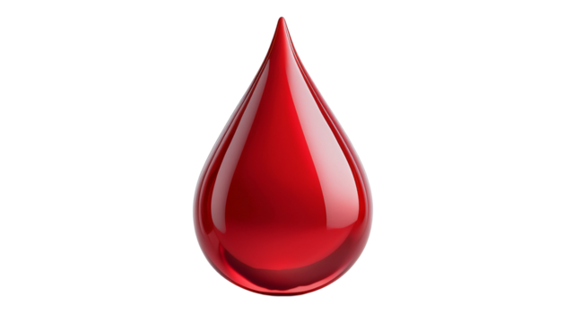 A single teardrop shape with a glossy surface reflecting light showing a red color with a pointed tip and rounded body on white and transparent
