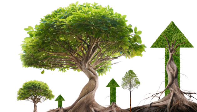 Trees of varying sizes with arrow shapes pointing upwards, roots visible, symbolizing growth and progress no background