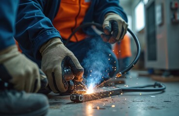Repairman welds metal with spark light. Specialist in safety gloves repairs metal using electric tool. Welder on construction site, industrial worker metalwork. Electric arc welding process.