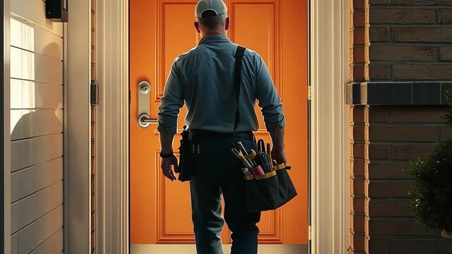 Handyman service technician walking to a front door. Professional repairman with tools arriving for a home maintenance job. Home repair and skilled labor concept