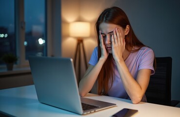 Exhausted young woman working on laptop late. She feels pain rubbing eyes at home office. Overworked female freelancer suffers from fatigue at workplace desk near window.