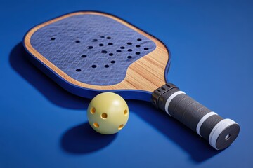 Realistic close-up of a pickleball racket alongside a yellow pickleball on a vibrant blue background showcasing sporting equipment for pickleball enthusiasts