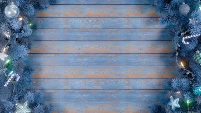 A Christmas or New Year's frame with spruce or pine leaves and flashing lights on a wooden background. Animation in 4K format.