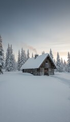 Cozy Winter Cabin Amidst Snowy Pine Trees in Serene Landscape