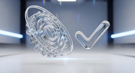 Digital process efficiency and successful task completion symbolized by a translucent glowing gear and a radiant checkmark in a modern high-tech environment
