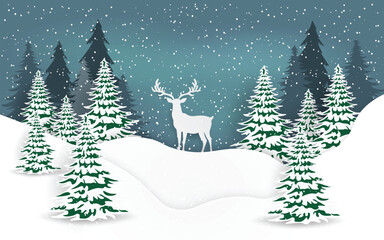 Craft style of Reindeer in pine forest with snowing Merry Christmas and Happy New Year