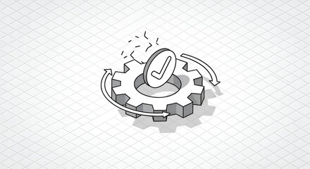 Gear mechanism with checkmark inside coin and circular arrows indicating process and approval