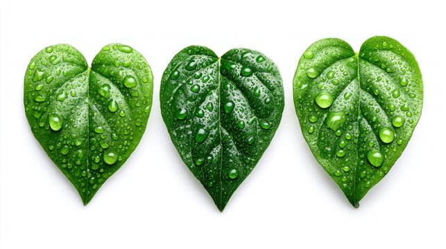 Heart-shaped green leaves with water droplets on white background