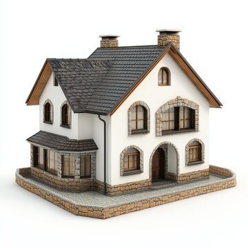 Miniature dollhouse model with white plaster walls and gray shingle roof, detailed toy house architecture, isolated