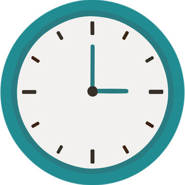 Minimalist Teal Analog Clock Face with White Background and Black Hands Showing 3 PM or AM Simple Timekeeping Device with Teal Border and Simple Hour Markers