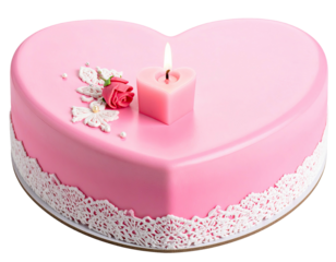 Pink heart cake, lace border, rose, heart candle burns