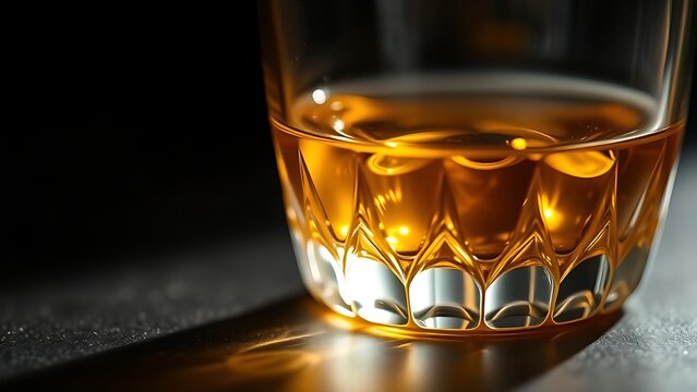 schnapps. Golden schnapps liquid in a crystal glass, light refraction on a dark surface, minimalist style. bar promotions, beverage menus, designed for product packaging and bar promotions.