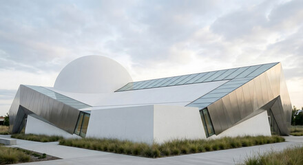 Modern architectural building featuring a large white dome and angular metallic and glass structures under a cloudy sky.
