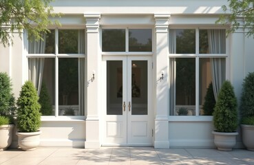 Illustration presents a bright elegant building entrance. White doors windows side planters with green bushes create inviting atmosphere. Architectural design is modern with classic elements.