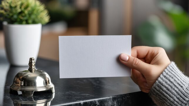 receptionist front desk with service bell and blank square card held by hand on marble counter, plant background, business card mockup