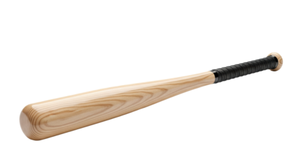 a new, professional ash wooden baseball bat with high-gloss lacquer and matte black grip, isolated on a transparent background under soft high-key lighting. concept for commercial sports equipment