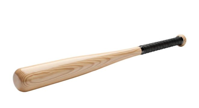 a new, professional ash wooden baseball bat with high-gloss lacquer and matte black grip, isolated on a transparent background under soft high-key lighting. concept for commercial sports equipment