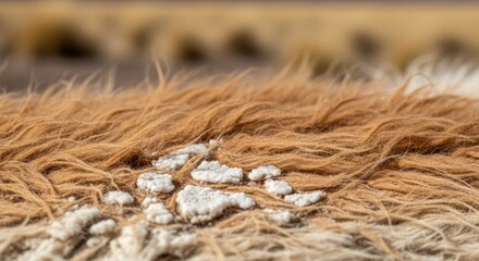 Close-up of camelid fur with patches of white salt. Textured fur displays shades of brown and tan, blurred backdrop of dry landscape. Focus on the coarse fibers and contrasting colors