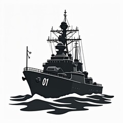 Obraz premium Modern warship sails on ocean waves. Naval vessel with radar and gun system cuts through water. Military destroyer shows its power and defense capabilities at sea.